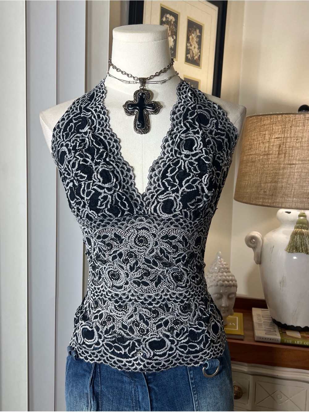 Y2K Bebe Halter Top with White Lace Overlay